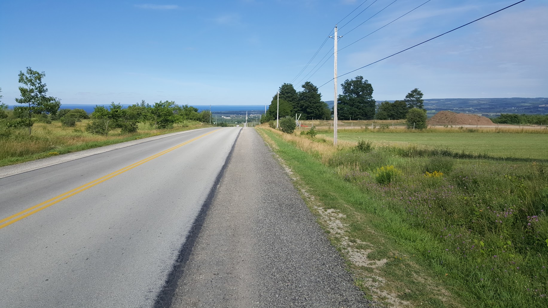 An open country road, yellow centerlines running to the horizon. Fields, telephone poles, distant water under blue sky. The week ahead.